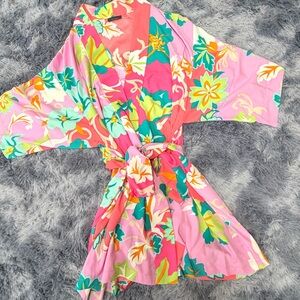 Natori Marbella Floral Patchwork Wrap Robe Kimono Sleeves Bathrobe multicolor